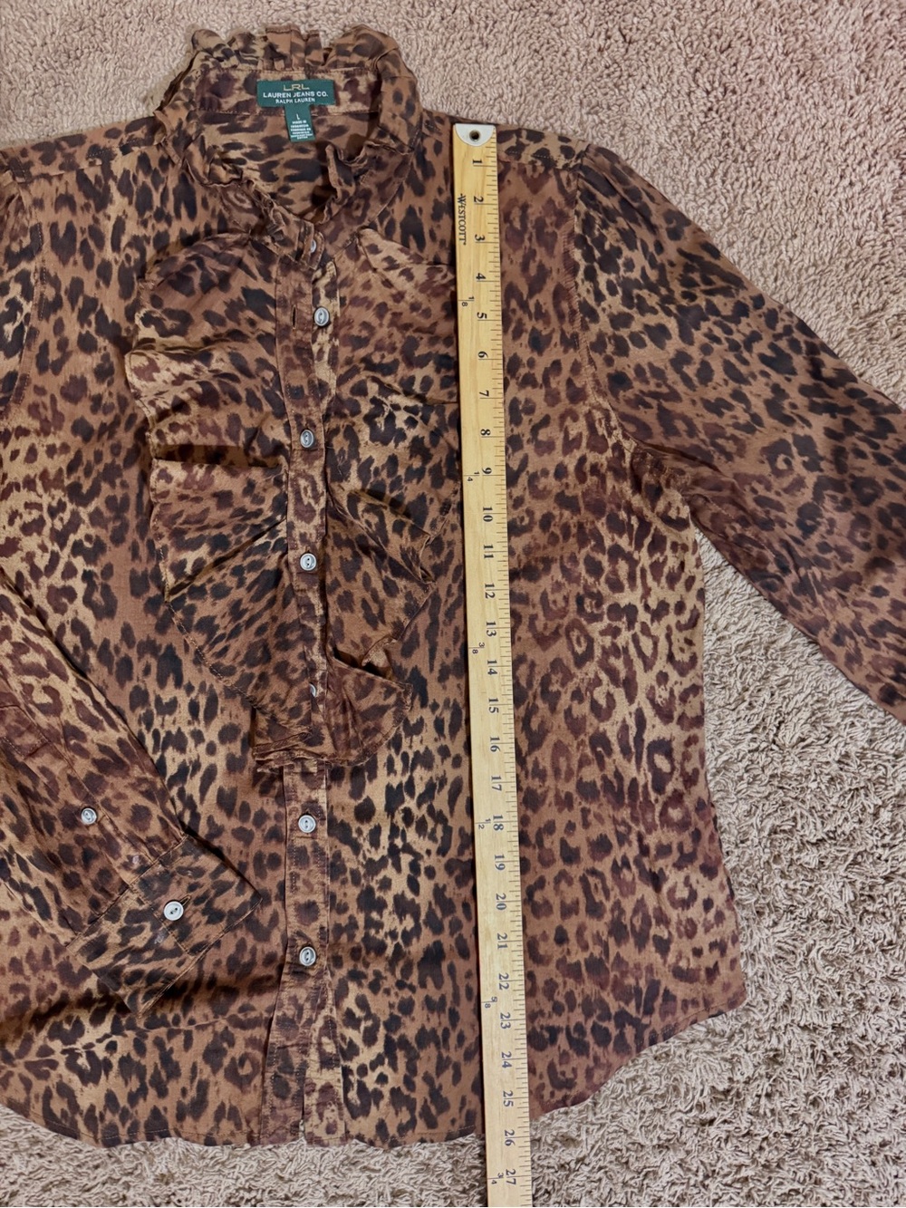 Y2K Lauren Ralph Lauren Animal Print Ruffle Neck Shirt size L Indie Sleaze Retro - Picture 7 of 9